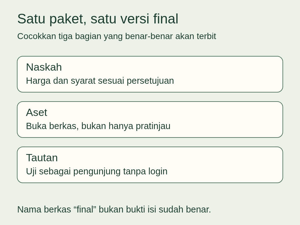 Pemeriksaan naskah, aset dan tautan pada satu versi final